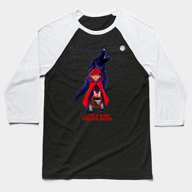 Little Red Riding Hood with Wolf at Moon Night Baseball T-Shirt by The Full Moon Shop